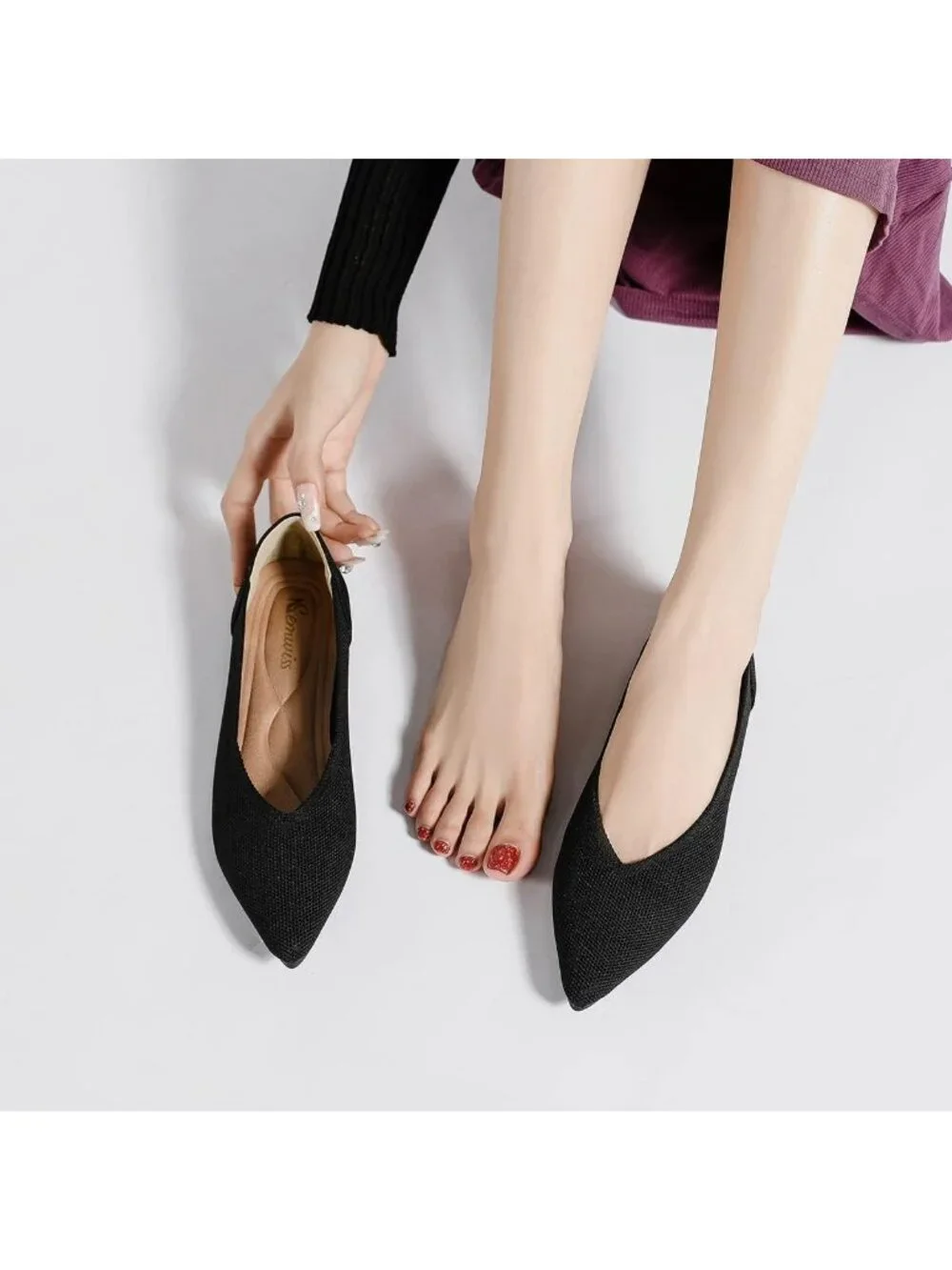 Women's Black Ballet Flats Pointed Toe Comfortable Knit Slip On Casual Shoes